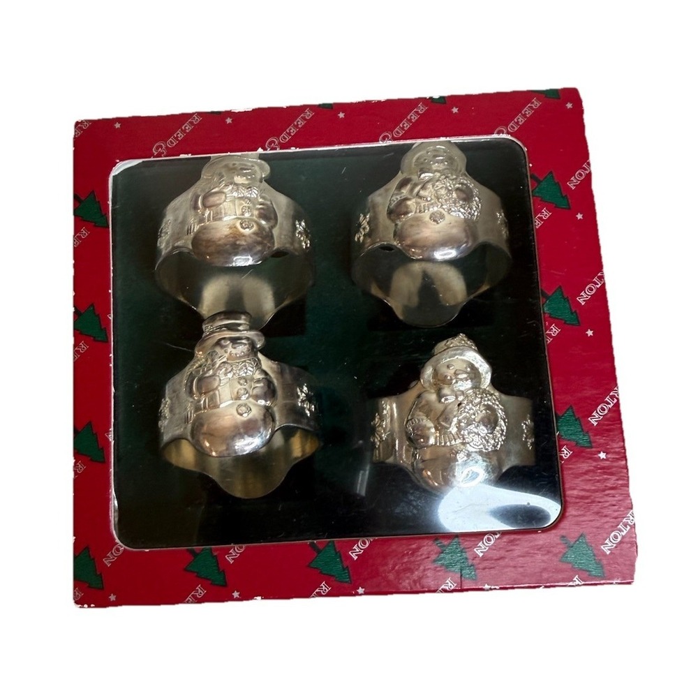 Reed Barton Vintage Italian Silver R925 Santa Snowman Napkin Ring Set 4 1428/4